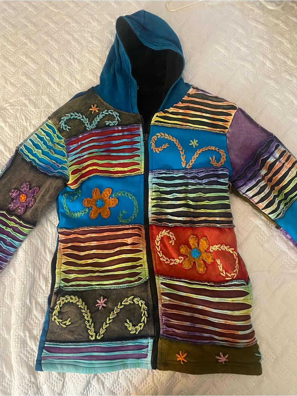 Bohemian Patchwork Hooded Jacket - Teal Multi